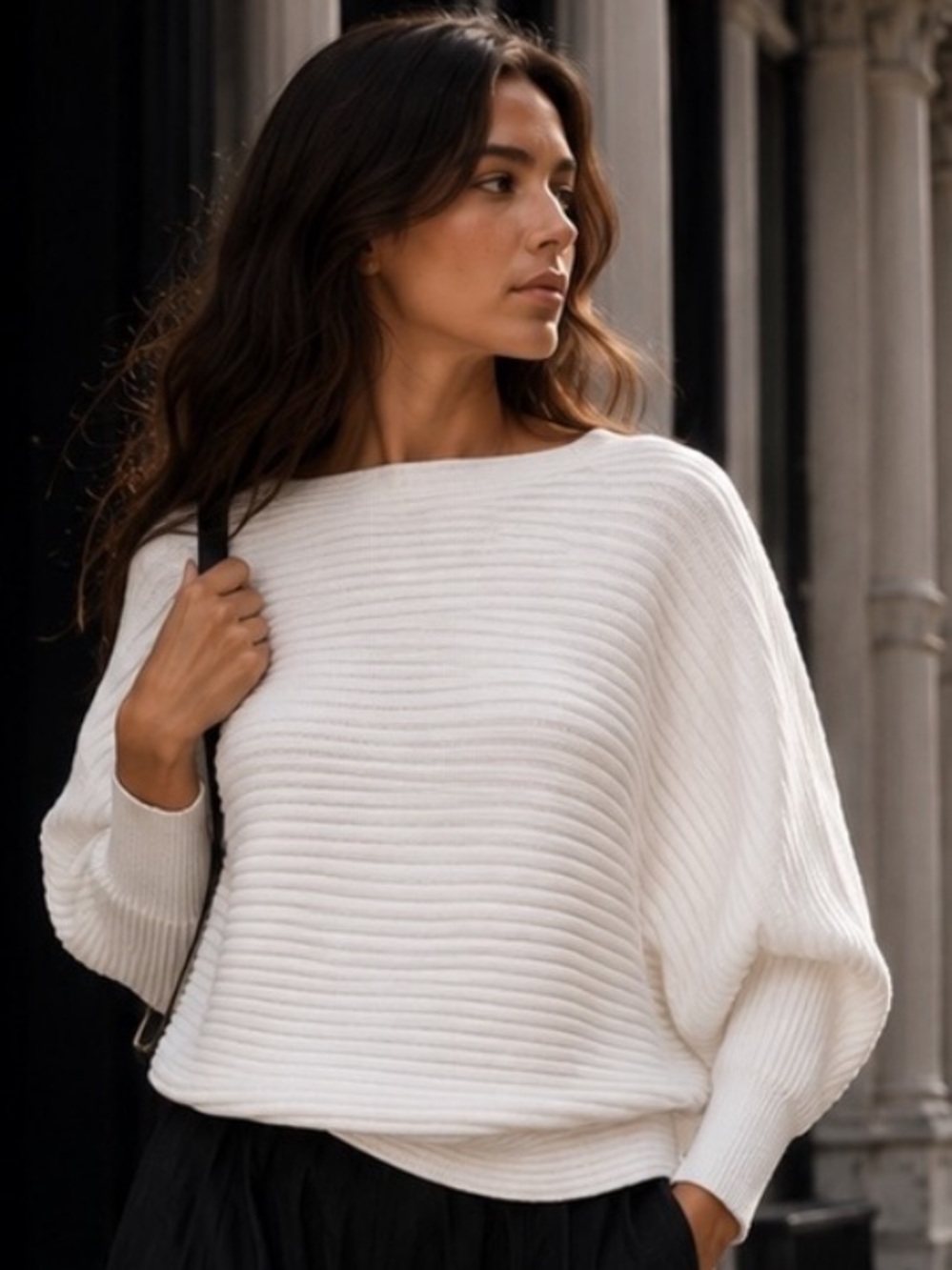 ZARA White Ribbed Batwing Dolman Sweater Top S/M NWT Oversized Boat Neck